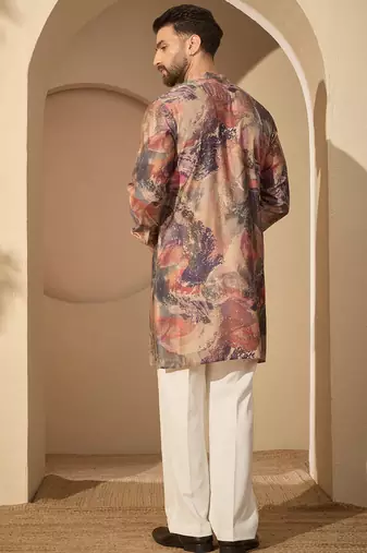 Men’s multi silk blend printed mandarin collar kurta – traditional ethnic wear
