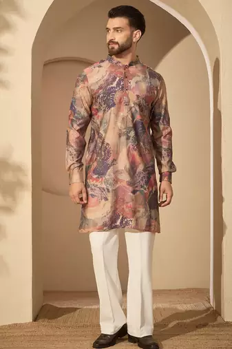 Men’s multi silk blend printed mandarin collar kurta – traditional ethnic wear