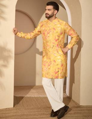 Men’s yellow silk blend printed mandarin collar kurta – traditional ethnic wear 1