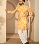 Men’s yellow silk blend printed mandarin collar kurta – traditional ethnic wear