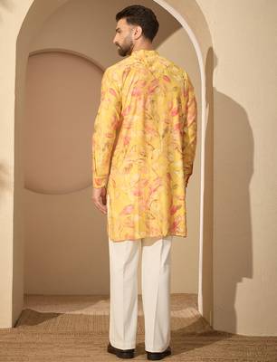 Men’s yellow silk blend printed mandarin collar kurta – traditional ethnic wear 4