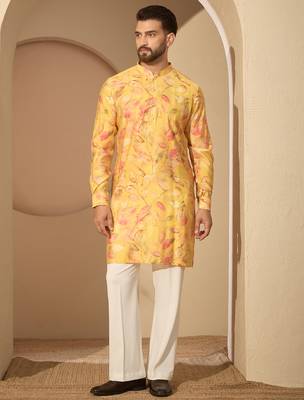 Men’s yellow silk blend printed mandarin collar kurta – traditional ethnic wear 5