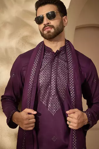 Violet silk blend embroidered kurta set for men with mandarin collar and dupatta