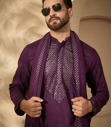 Violet silk blend embroidered kurta set for men with mandarin collar and dupatta