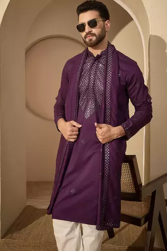 Violet silk blend embroidered kurta set for men with mandarin collar and dupatta