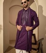 Violet silk blend embroidered kurta set for men with mandarin collar and dupatta