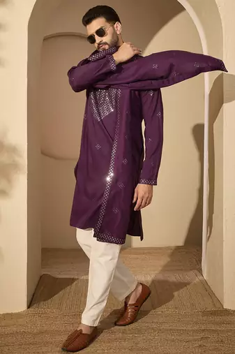 Violet silk blend embroidered kurta set for men with mandarin collar and dupatta