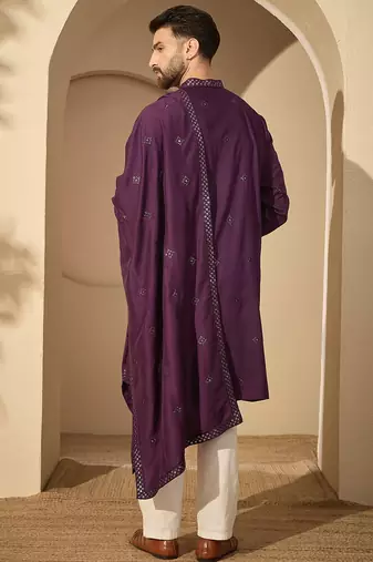 Violet silk blend embroidered kurta set for men with mandarin collar and dupatta
