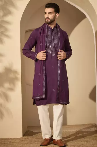 Violet silk blend embroidered kurta set for men with mandarin collar and dupatta