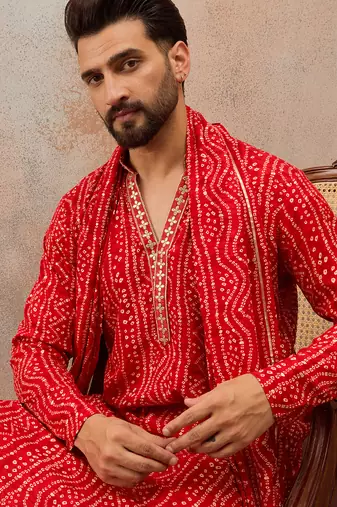 Red viscose rayon printed kurta set for men with mandarin collar and dupatta