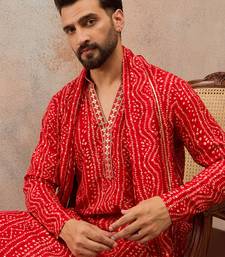 Red viscose rayon printed kurta set for men with mandarin collar and dupatta