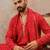 Red viscose rayon printed kurta set for men with mandarin collar and dupatta