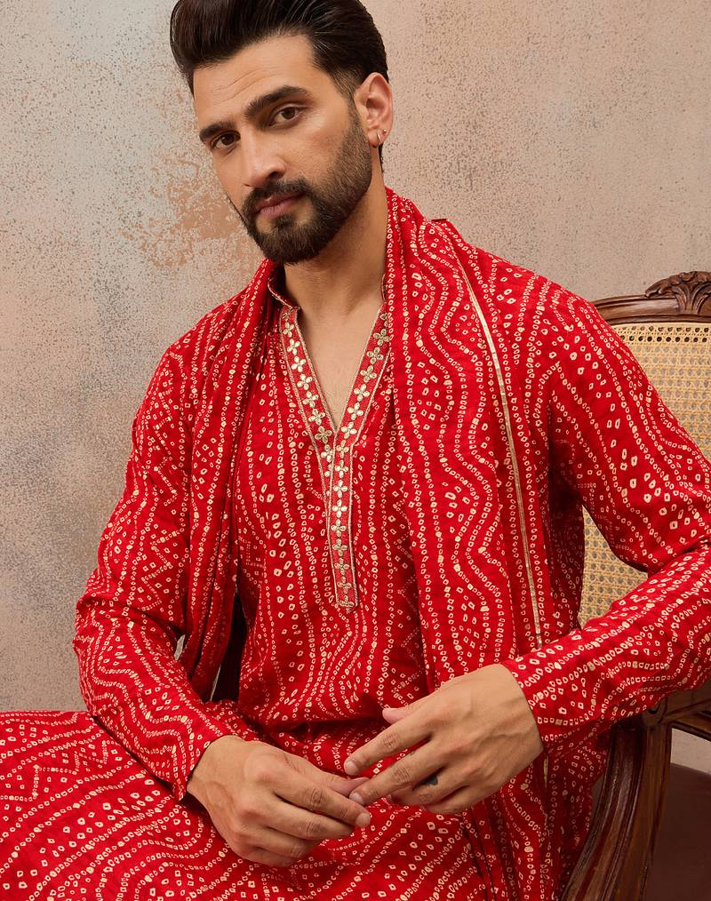 Red viscose rayon printed kurta set for men with mandarin collar and dupatta