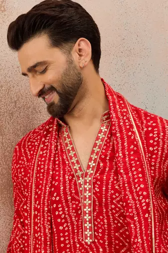 Red viscose rayon printed kurta set for men with mandarin collar and dupatta