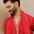 Red viscose rayon printed kurta set for men with mandarin collar and dupatta