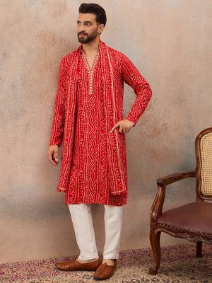 Red viscose rayon printed kurta set for men with mandarin collar and dupatta 1
