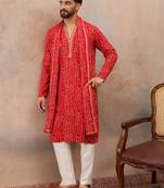 Red viscose rayon printed kurta set for men with mandarin collar and dupatta