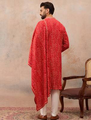 Red viscose rayon printed kurta set for men with mandarin collar and dupatta 4