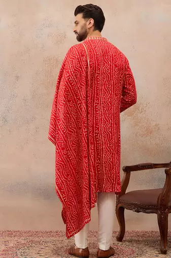 Red viscose rayon printed kurta set for men with mandarin collar and dupatta