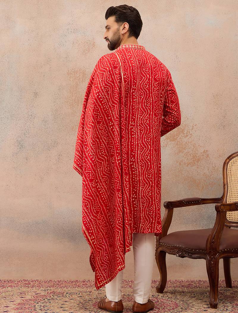 Red viscose rayon printed kurta set for men with mandarin collar and dupatta