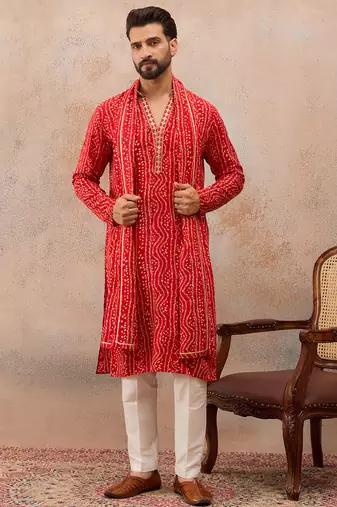Red viscose rayon printed kurta set for men with mandarin collar and dupatta