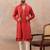 Red viscose rayon printed kurta set for men with mandarin collar and dupatta