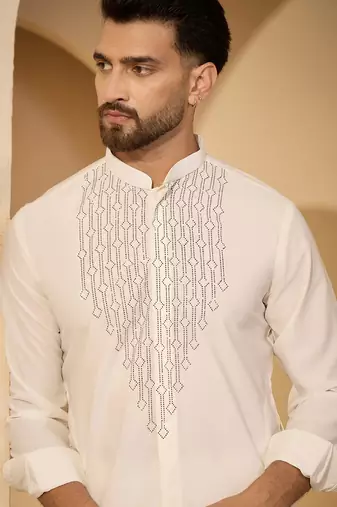 White embroidered kurta set for men with trousers