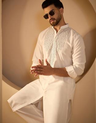 White embroidered kurta set for men with trousers – elegant ethnic wear 3