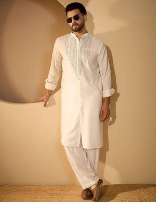White embroidered kurta set for men with trousers – elegant ethnic wear 1