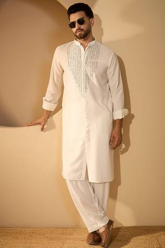 White embroidered kurta set for men with trousers – elegant ethnic wear