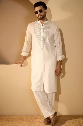 White embroidered kurta set for men with trousers