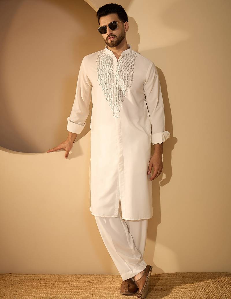 White embroidered kurta set for men with trousers – elegant ethnic wear