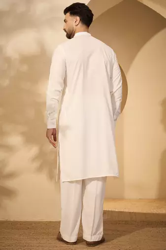 White embroidered kurta set for men with trousers