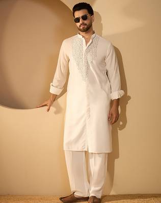 White embroidered kurta set for men with trousers – elegant ethnic wear 5