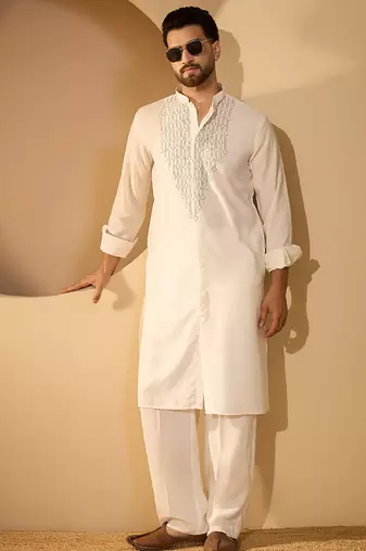 White embroidered kurta set for men with trousers