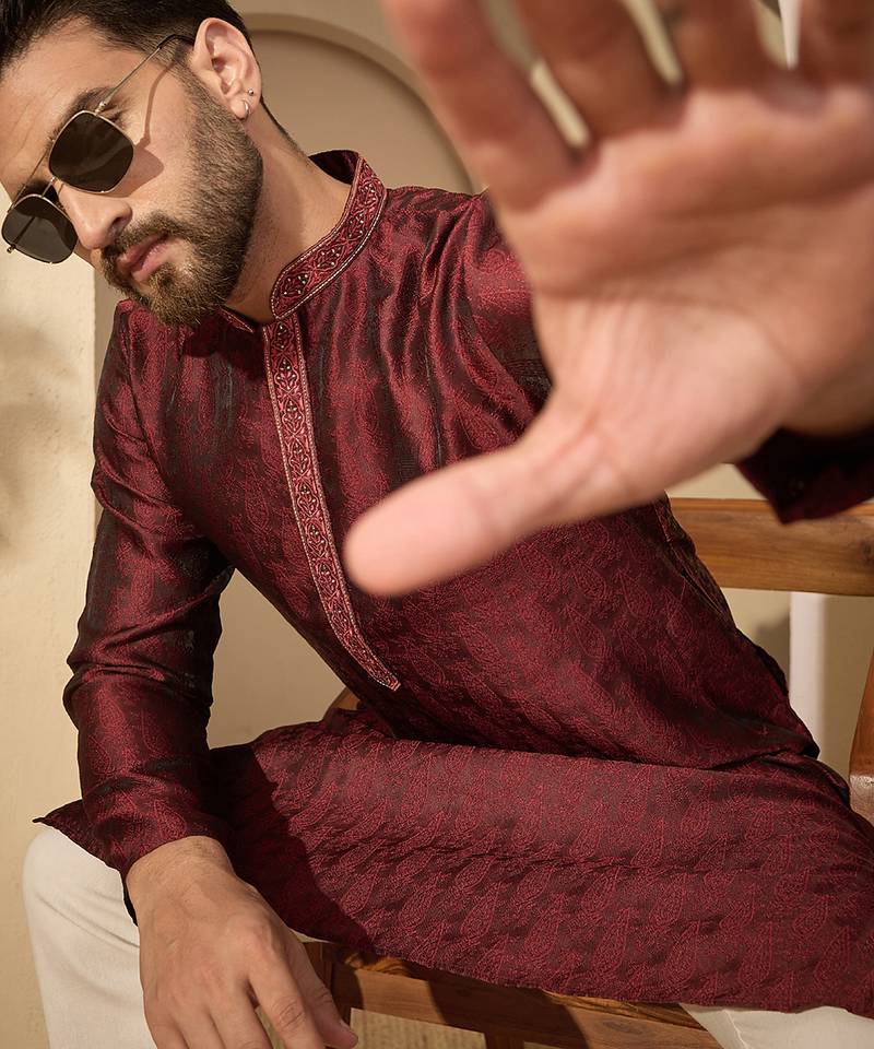Maroon embroidered kurta set for men with trousers – elegant ethnic wear
