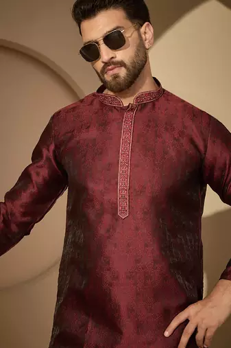 Maroon embroidered kurta set for men with trousers – elegant ethnic wear