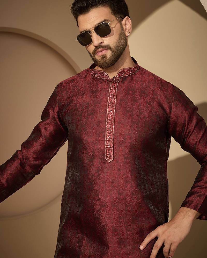 Maroon embroidered kurta set for men with trousers – elegant ethnic wear