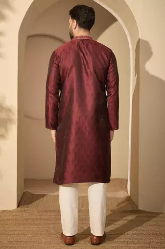 Maroon embroidered kurta set for men with trousers – elegant ethnic wear