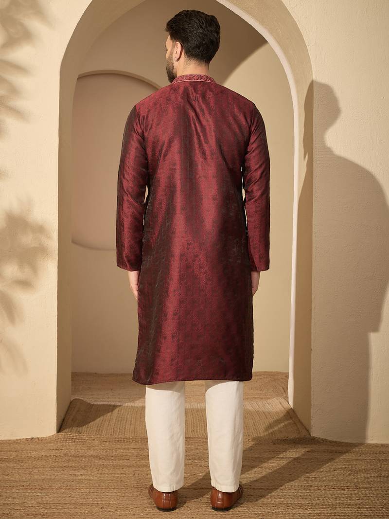 Maroon embroidered kurta set for men with trousers – elegant ethnic wear