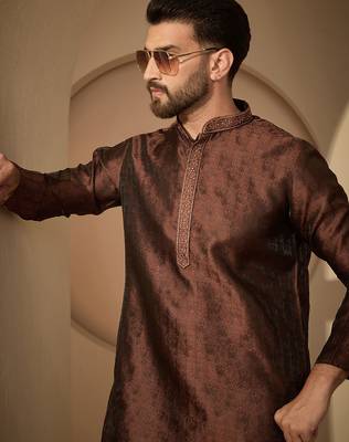 Brown embroidered kurta set for men with trousers – elegant ethnic wear 3
