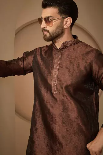 Brown embroidered kurta set for men with trousers – elegant ethnic wear