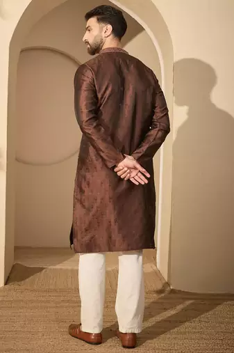 Brown embroidered kurta set for men with trousers – elegant ethnic wear