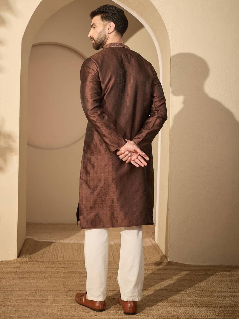 Brown embroidered kurta set for men with trousers – elegant ethnic wear