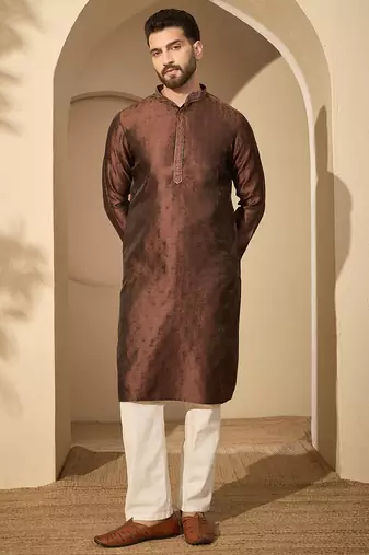 Brown embroidered kurta set for men with trousers – elegant ethnic wear