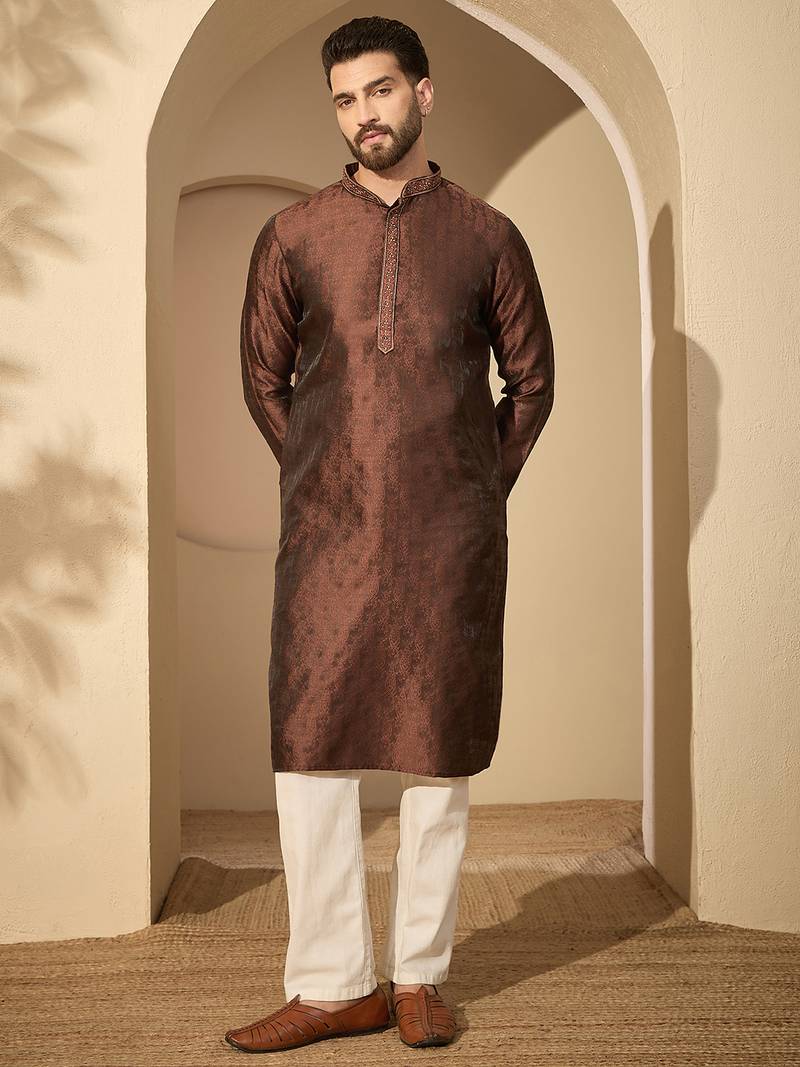 Brown embroidered kurta set for men with trousers – elegant ethnic wear
