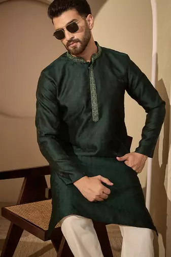 Green embroidered kurta set for men with trousers – elegant ethnic wear