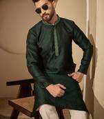 Green embroidered kurta set for men with trousers – elegant ethnic wear