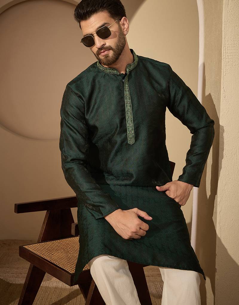 Green embroidered kurta set for men with trousers – elegant ethnic wear