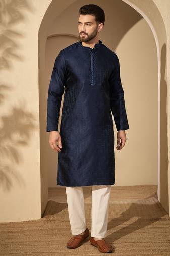 Blue embroidered kurta set for men with trousers – elegant ethnic wear